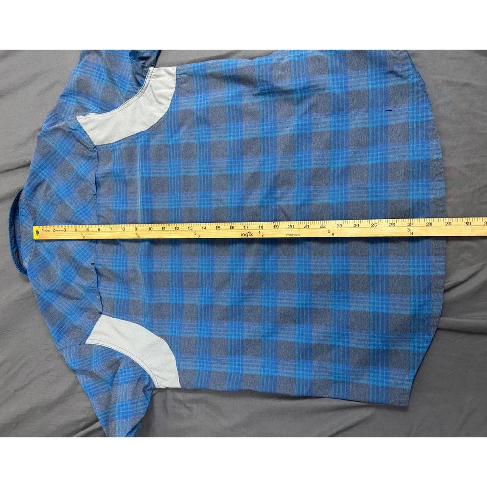 Stio Hagen Trail Shirt Mens‎ Medium Blue Plaid S/S Snap Button UPF 50 Vented
